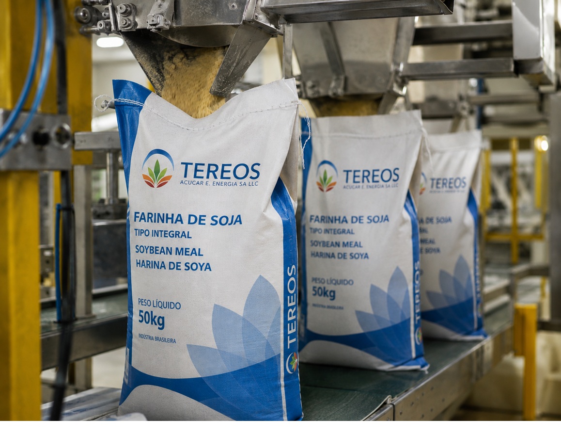 Tereos soybean meal bags moving through the production line